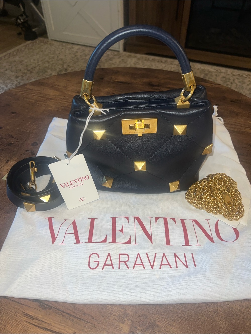 Valentino Garavani Navy Quilted “The Handle” Bag with Gold Roman Studs